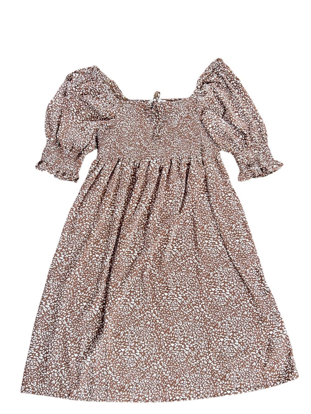 Vine & Love Square Neck Elastic Smocked Woven Midi Dress Brown/White Animal